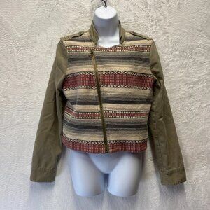 American Eagle Southwestern Moto Jacket Short Women Medium Green Slanted Zipper